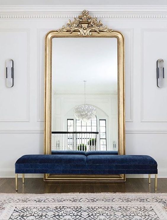 Gilt Mirror and Velvet Bench for Entryway Luxury