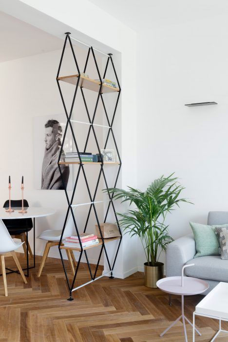 Geometric Metal Room Divider With Wood Shelves