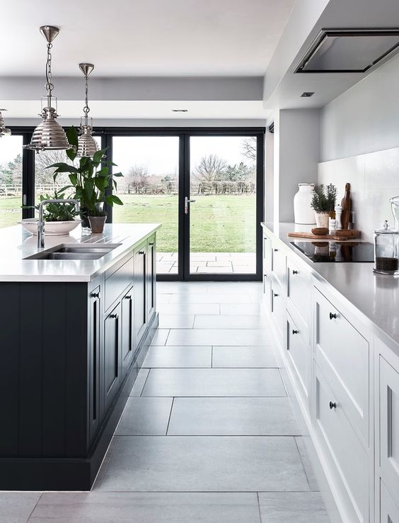 Anchor White Cabinetry with a Deep, Dark Island Base