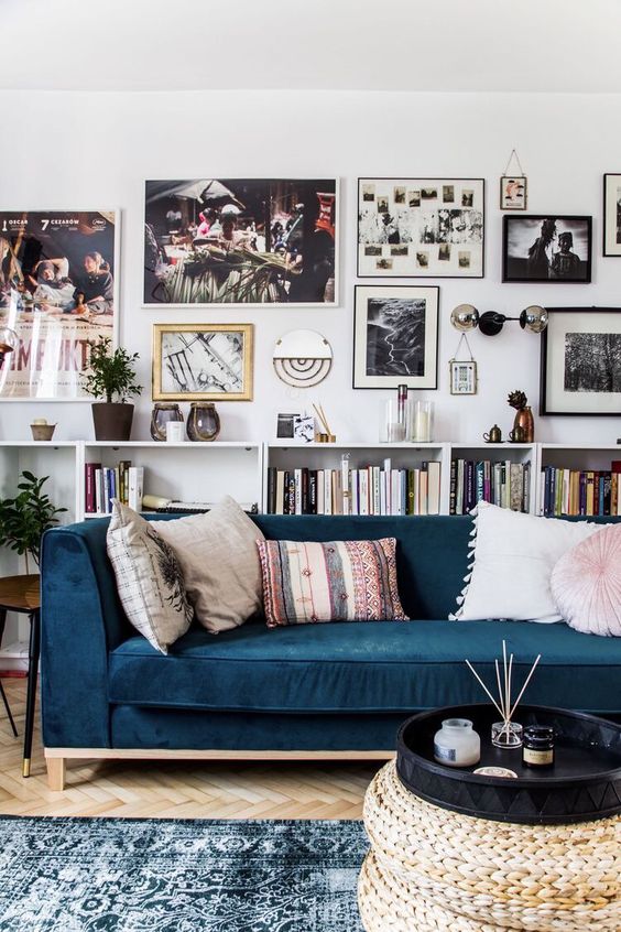 Gallery Wall Above Teal Velvet Sofa