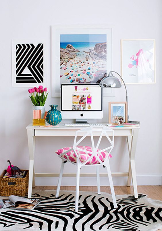 Graphic Art Prints Add Bold Contrast Above a Desk