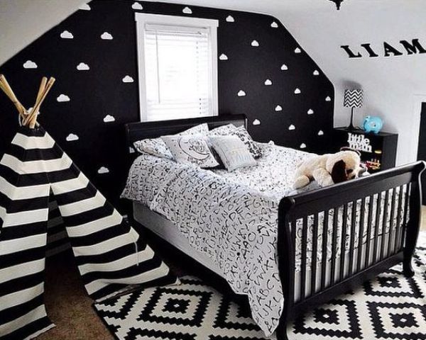 White Cloud Decals Add Whimsical Detail to Black Walls