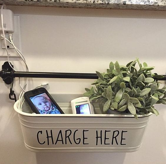 Galvanized Bin with 'Charge Here' Label for Devices