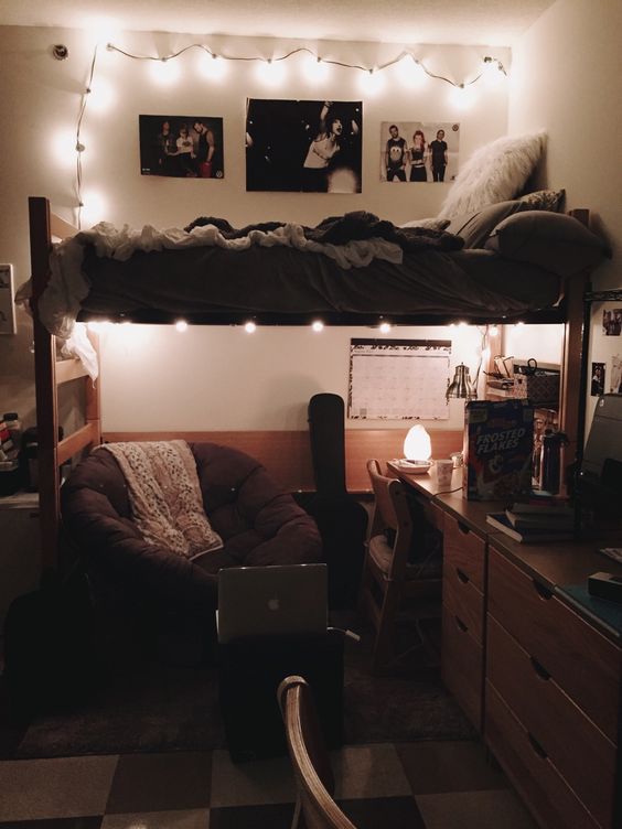 String Lights Frame Band Photos Above Loft Bed