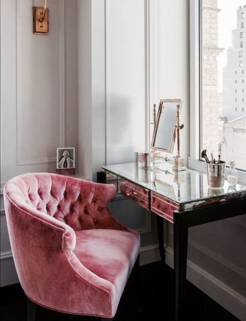 Tufted Velvet Chair Softens a Mirrored Vanity