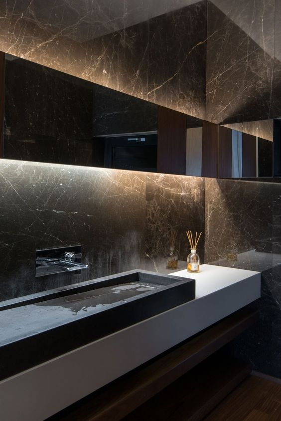 Long Rectangular Sink With Recessed Faucet Creates A Minimalist Look