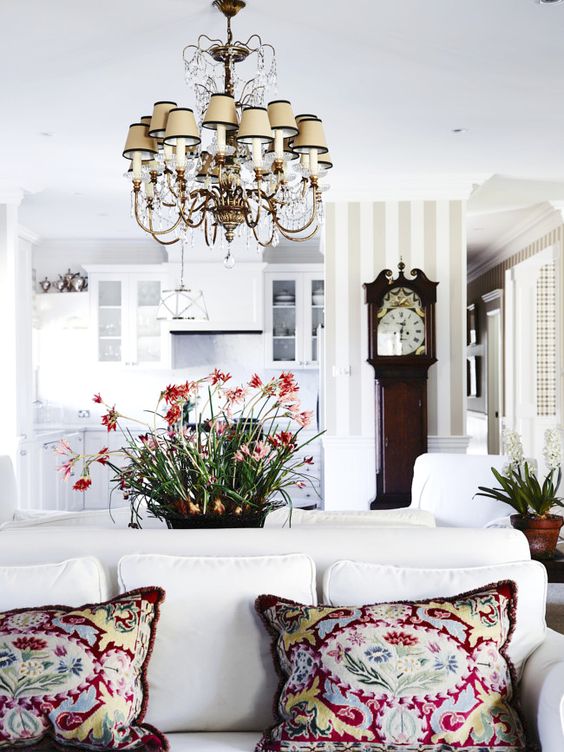 Dark Wood Grandfather Clock Against Striped Wallpaper