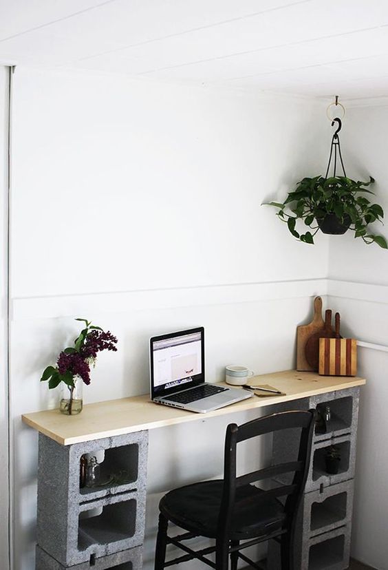 Concrete Block Desk With Open Shelving For Small Items