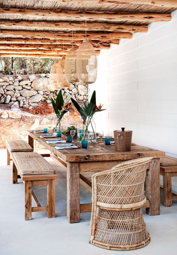Rustic Wooden Table With Woven Benches and Chairs
