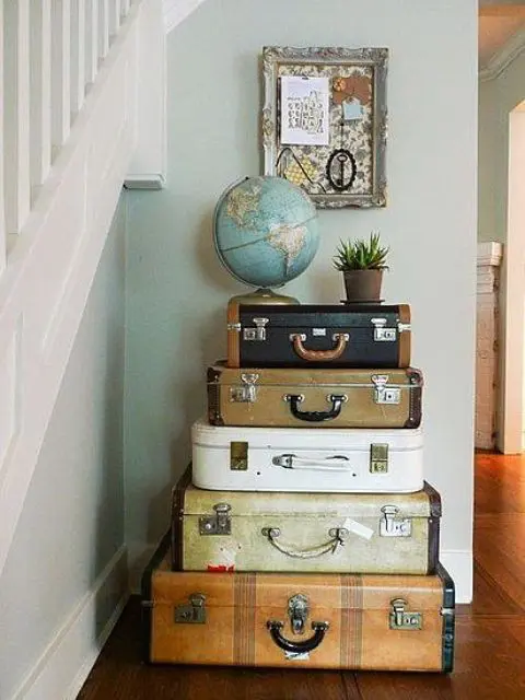Stacked Vintage Suitcases Create Unique Side Table
