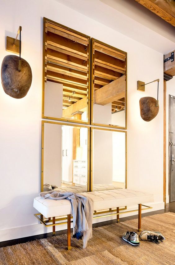 Four Square Mirrors Reflecting Wood Beams