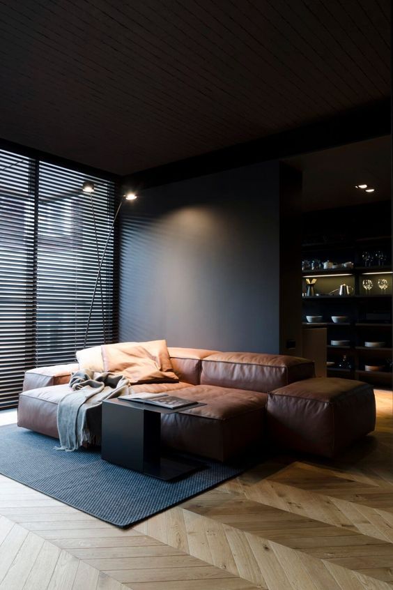 Modular Brown Leather Sectional with Ottoman
