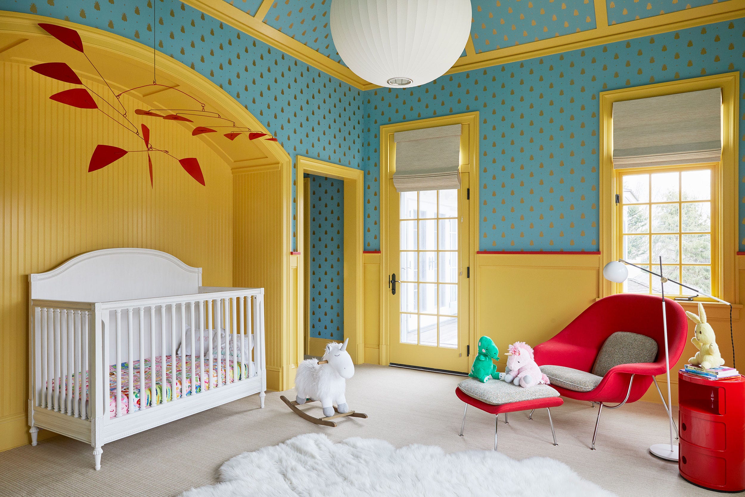 Paint Walls Bright Yellow to Complement Patterned Wallpaper