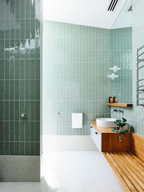 Vertical Green Tiles Create a Cool, Calm Shower Enclosure