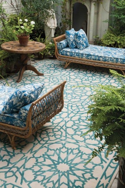 Define Outdoor Seating with a Geometric Teal and White Rug