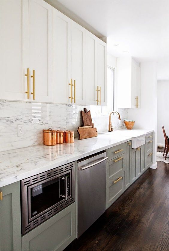 Sage Green Base Cabinets Pair with Crisp White Upper Units