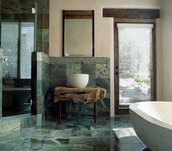 Combine a Live-Edge Wood Vanity with a Stone Vessel Sink