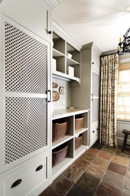 Conceal Built-In Storage with White Lattice Doors