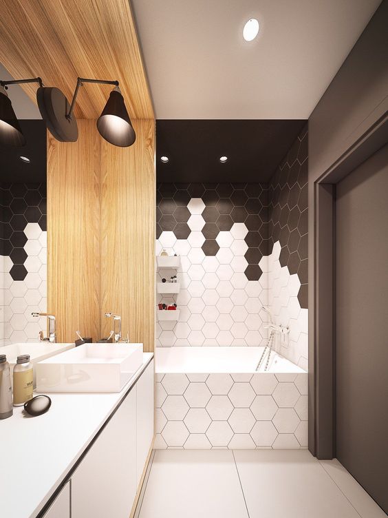 Transition Walls from White to Black with Hexagon Tiles