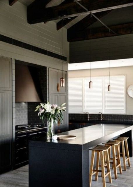 Dark Kitchen Island with Natural Wood Stools