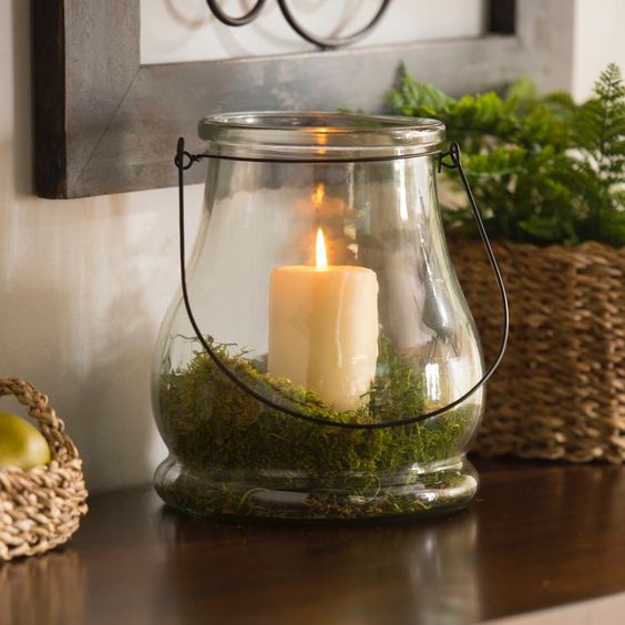 Glass Lanterns With Moss Add Natural Ambiance