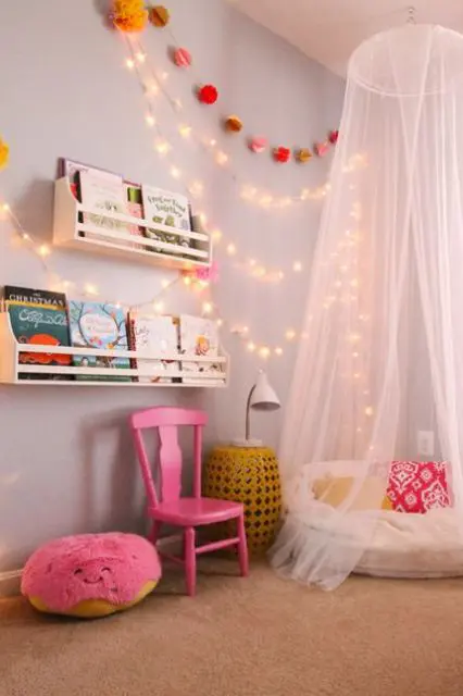 String Lights Add Whimsy Above Bookshelves