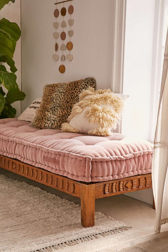 Pink Velvet Daybed Adds Softness with a Wood Base