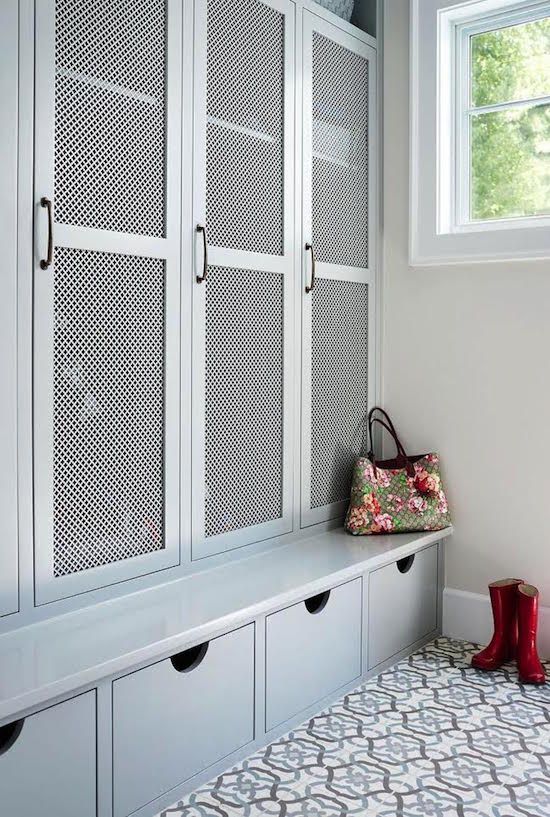 Light Gray Cabinet Doors with Lattice Panels Add Airy Texture