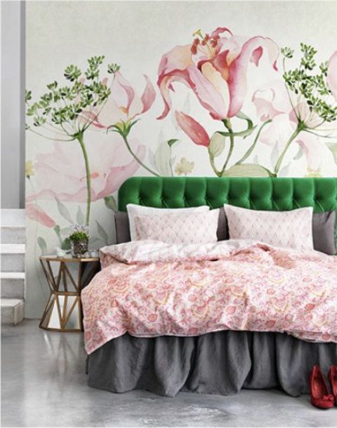 Oversized Watercolor Floral Mural Softens a Bedroom Wall