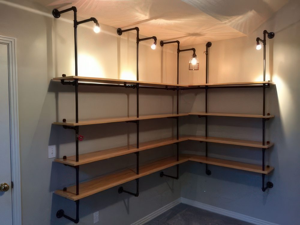 Industrial Pipe Shelving With Integrated Task Lighting
