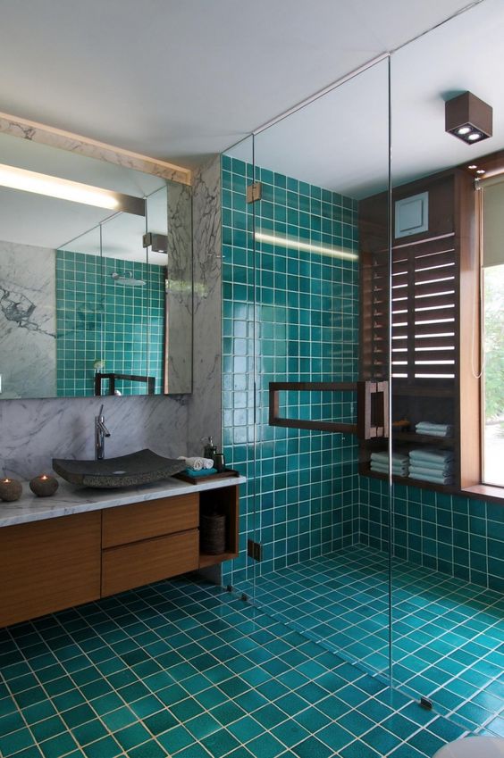 Wooden Shelving Unit Organizes Towels Inside Shower