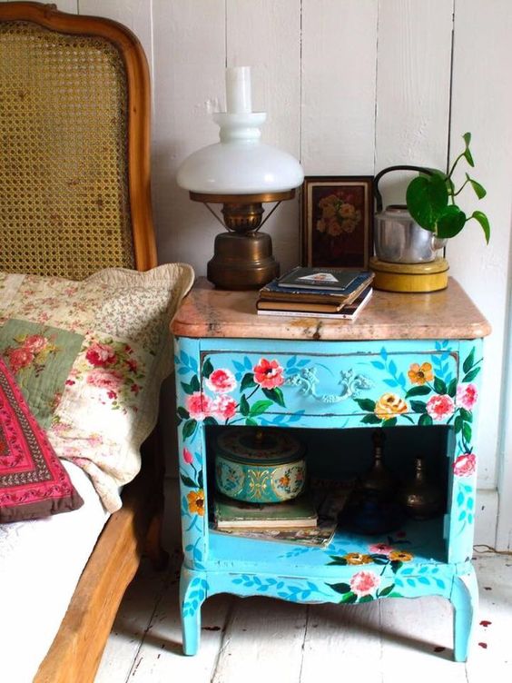 Hand-Painted Nightstand Adds Whimsical Floral Charm