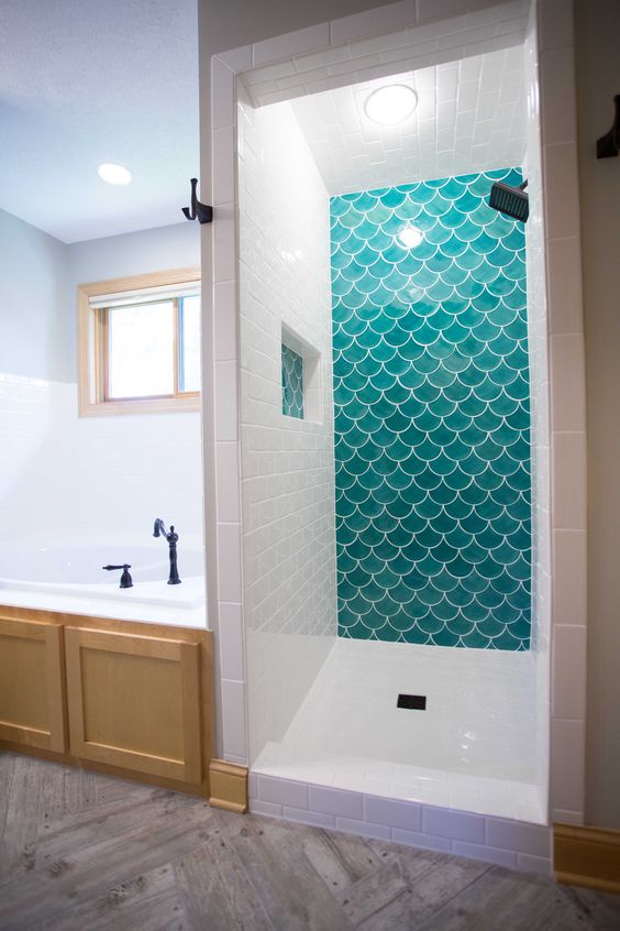 Scalloped Turquoise Tile Walls Create a Mermaid-Like Shower