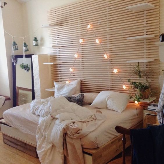 Wooden Slat Headboard With Integrated Shelves