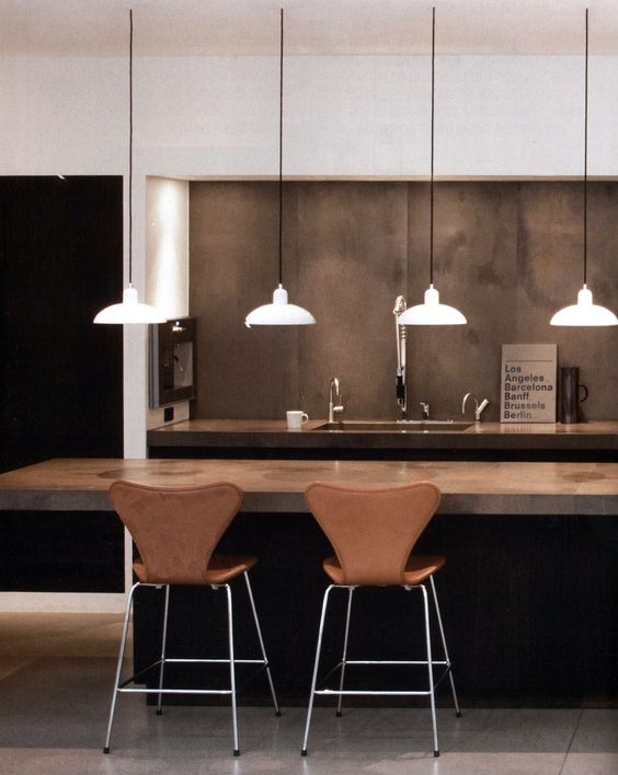 White Dome Pendants Illuminate Island Workspaces