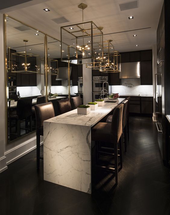 Brass Cube Lanterns Add Geometric Drama Above Island