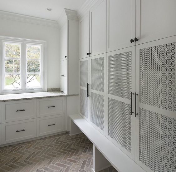 Incorporate Visual Interest with White Cabinet Doors Featuring Geometric Lattice Panels