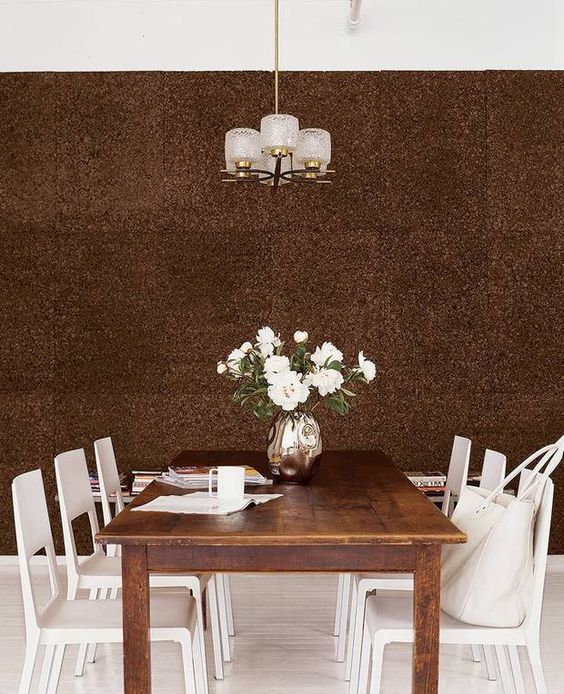 Dark Cork Panels Create a Cozy Dining Room Backdrop