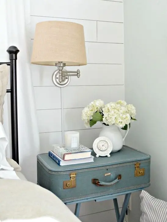 Vintage Suitcase Bedside Table Adds Soft Color