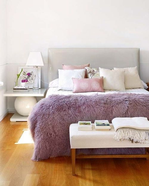 Fluffy Lilac Throw Adds Cozy Texture to a Neutral Bed
