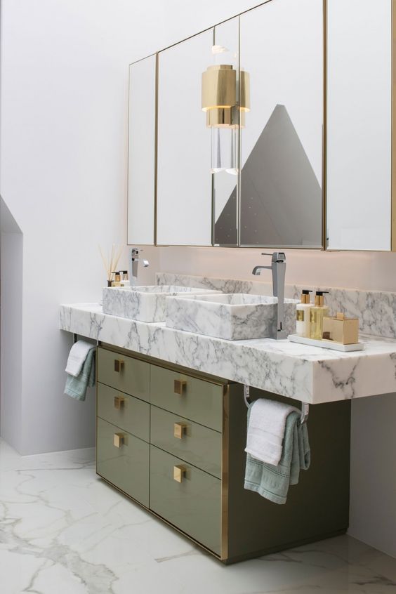 Sage Green Vanity with Gold Hardware and Marble Countertop