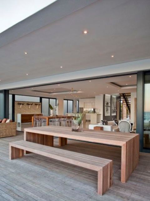 Solid Wood Bench Complements Blocky Dining Table