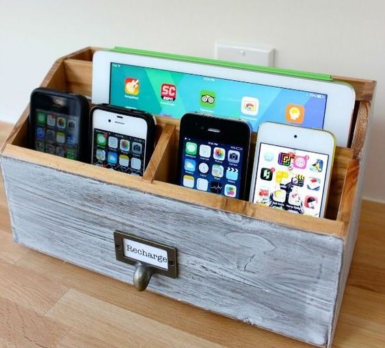 Rustic Wooden Organizer with 'Recharge' Label