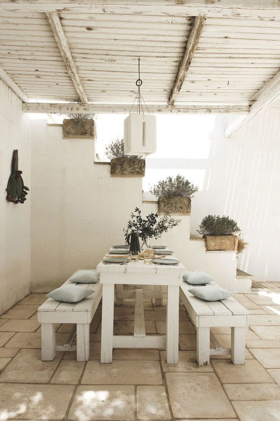 White Wooden Benches With Light Blue Cushions