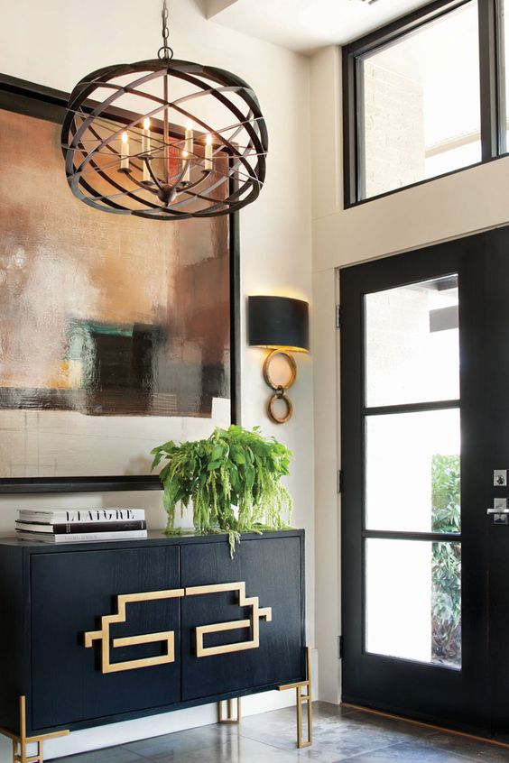 Dark Cabinet with Geometric Gold Hardware