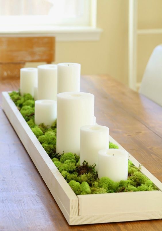 White Tray With Moss and Pillar Candles Adds Natural Ambiance