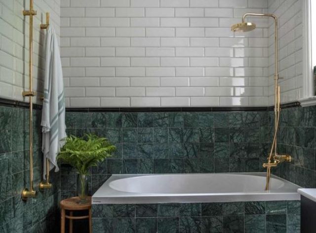 Brass Towel Rail With Integrated Shelf Near Tub