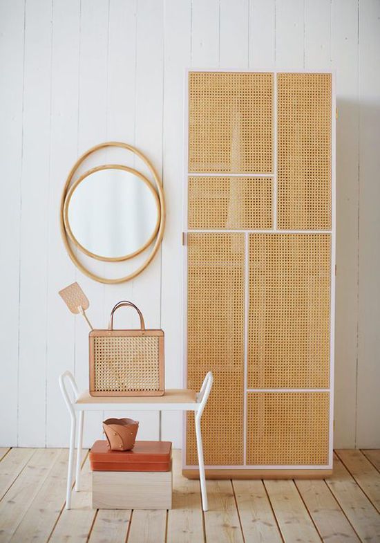 Natural Cane Panels on a Tall Cabinet Add Breezy Texture