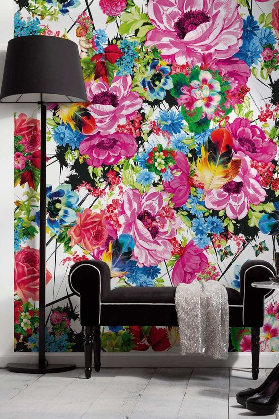 Bold Floral Wallpaper With Feathers Adds Whimsical Detail