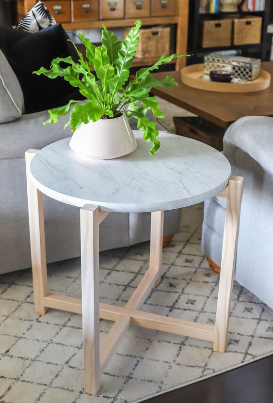 Round Marble Table with Natural Wood Base